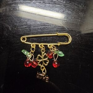 Kilt Pin, Dangle Brooch With Cherries, Love & 4 Leaf Clover Charms